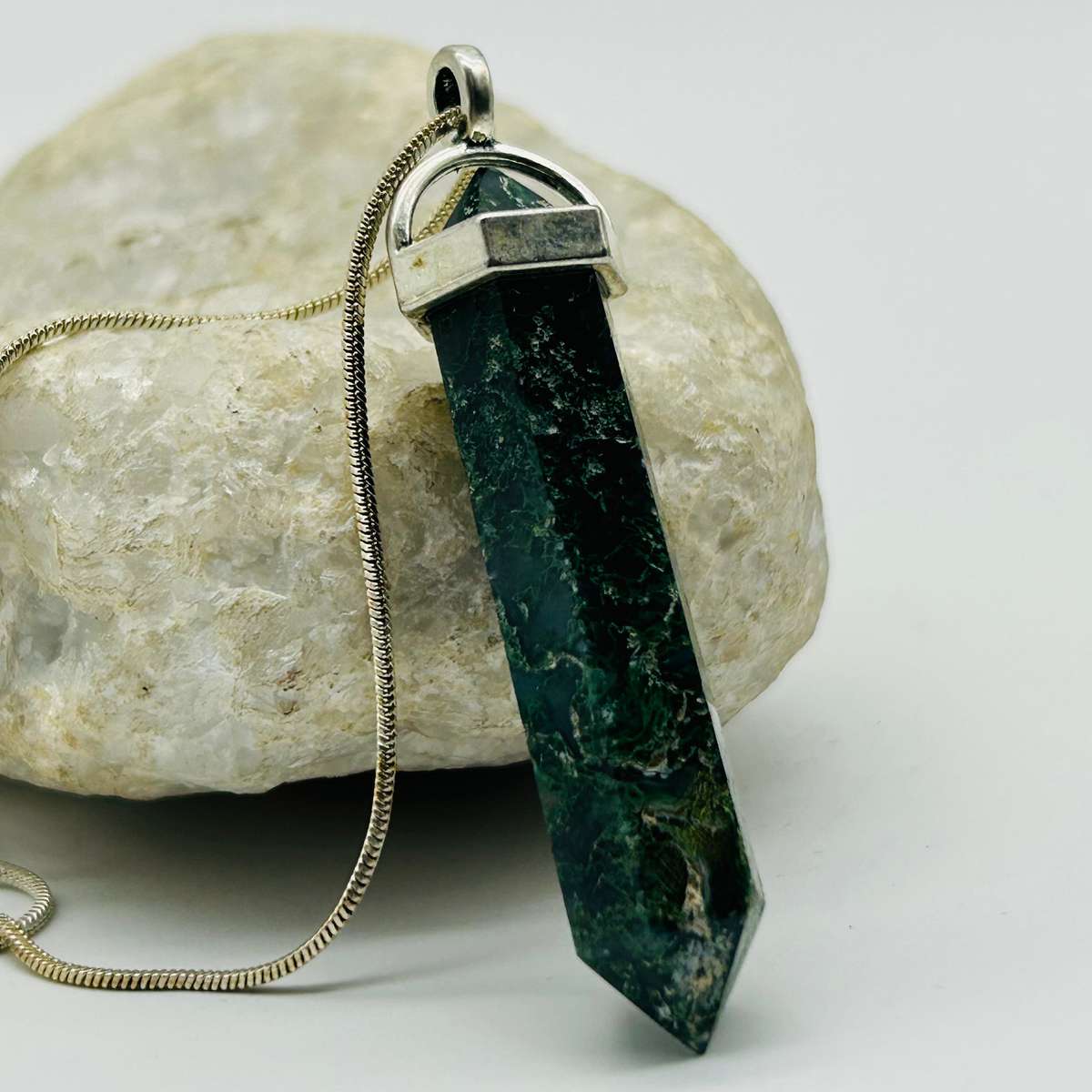 Men's Moss Agate White Metal Crystal Pendant