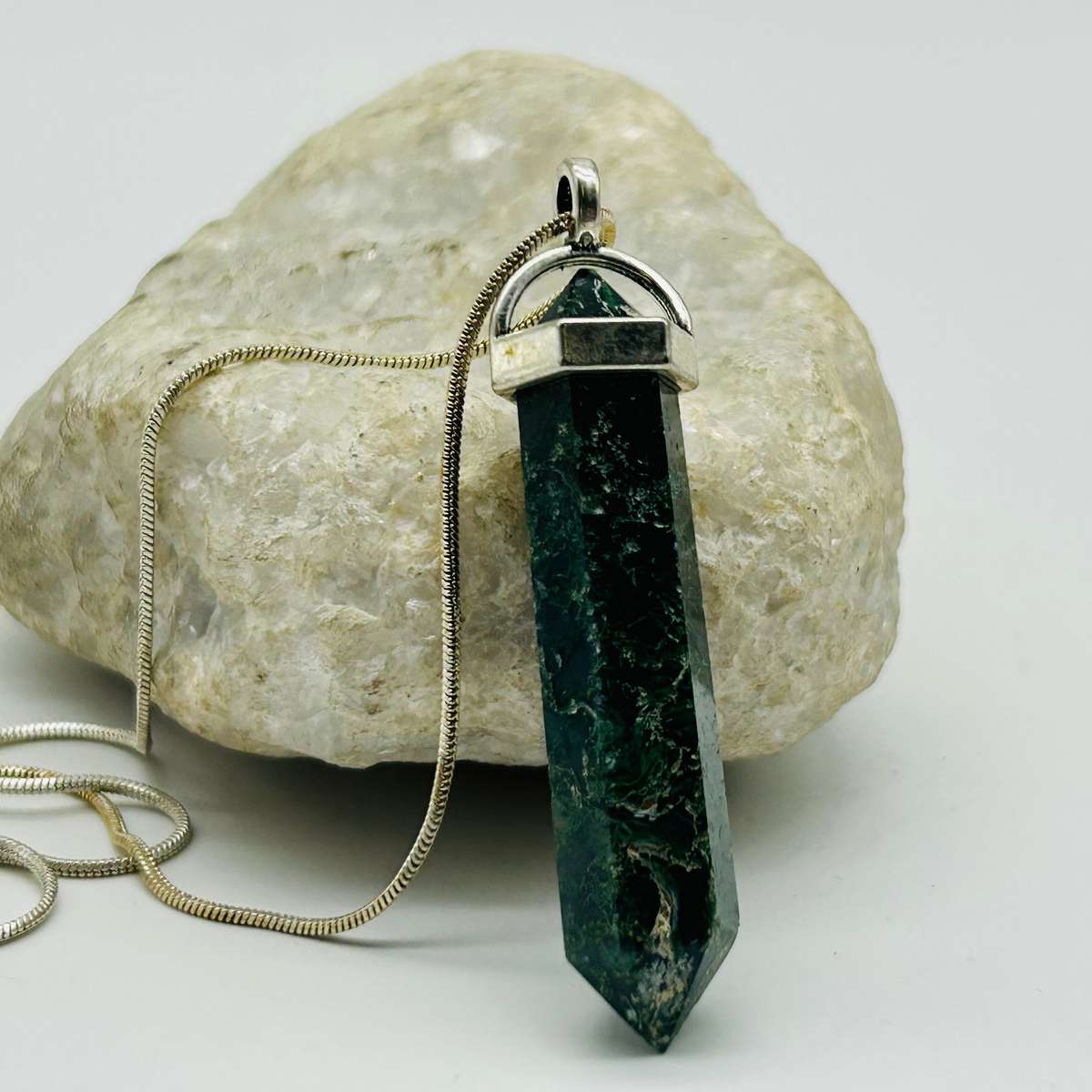 Men's Moss Agate White Metal Crystal Pendant