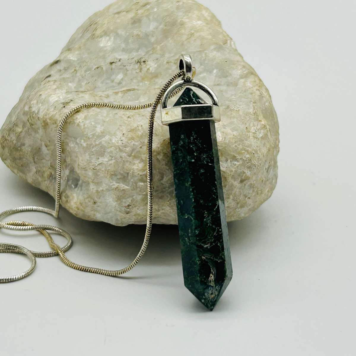 Men's Moss Agate White Metal Crystal Pendant