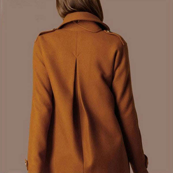 Women's Camel Notched Solid Woolen Coat - M
