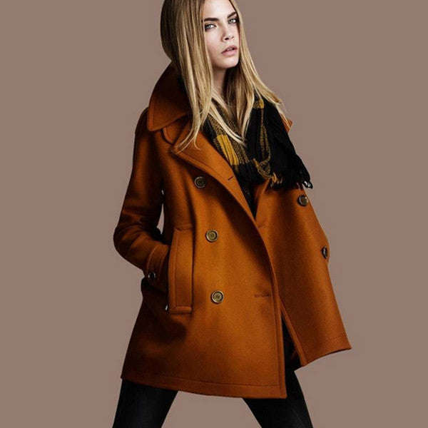 Women's Camel Notched Solid Woolen Coat - M