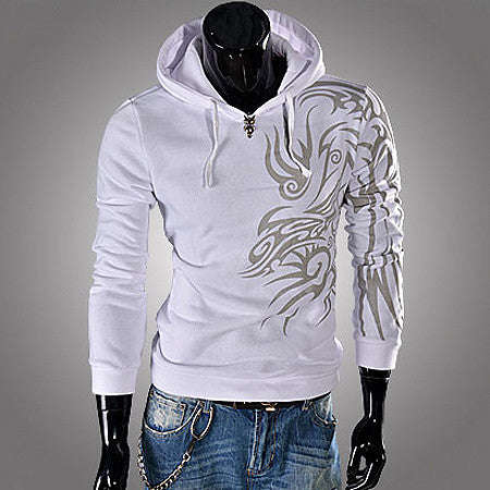 Men's Stylish Patterned White Hoodie - M