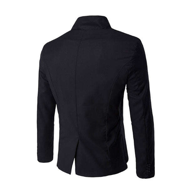 Men's Black Double-Breasted Mandarin Collar Smart Coat - M