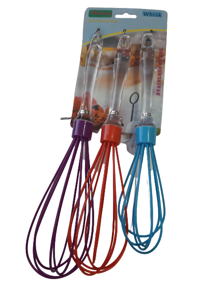 3 Piece silicone whisk beater, with plastic handle