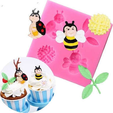 Bee Ladybug and Fowers Silicone Fondant Mould