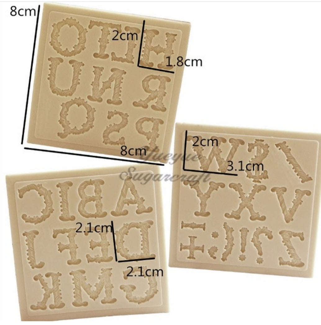 Small vintage scroll alphabet silicone mould, +-2.1x2cm