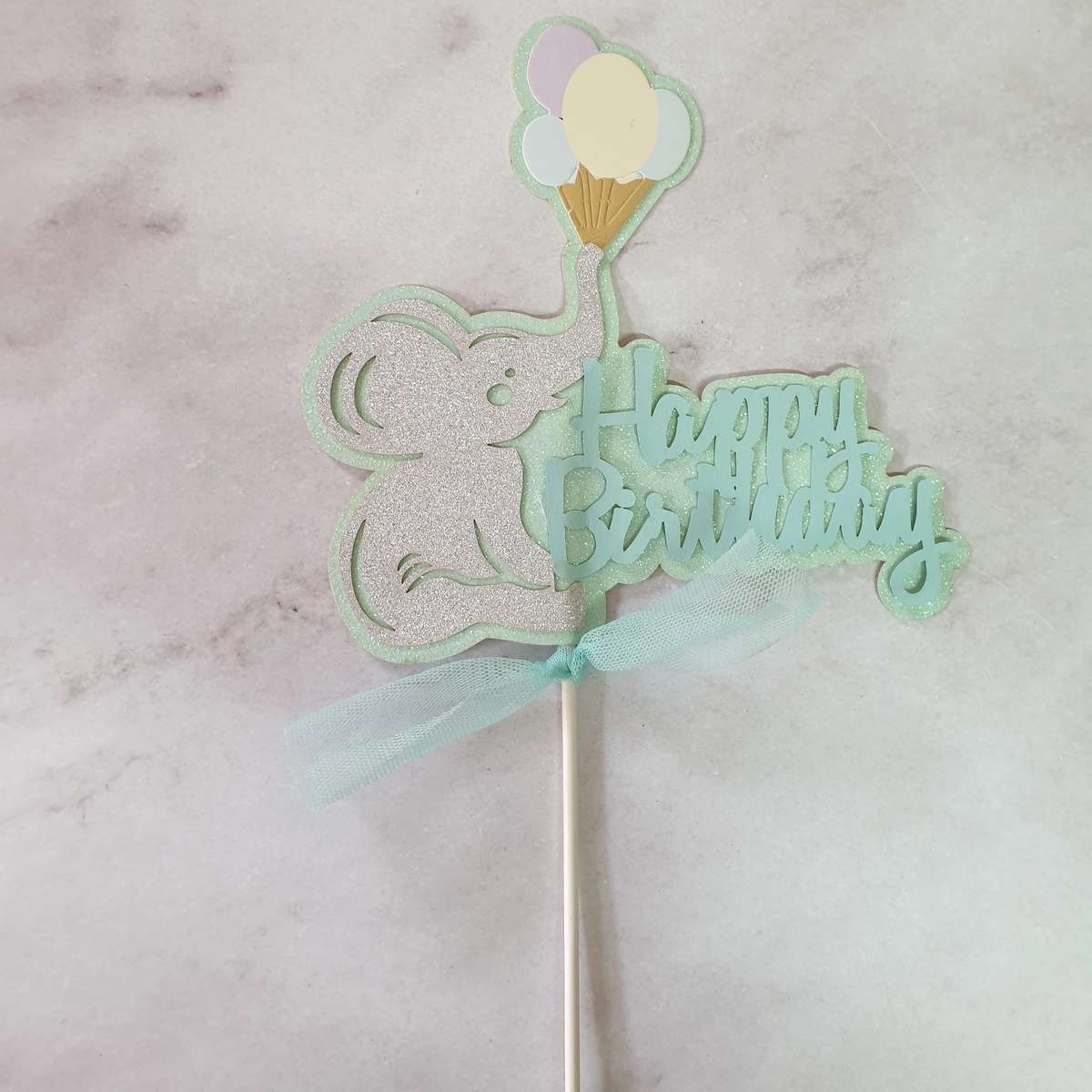 Silver and Blue Happy Birthday Elephant cake topper