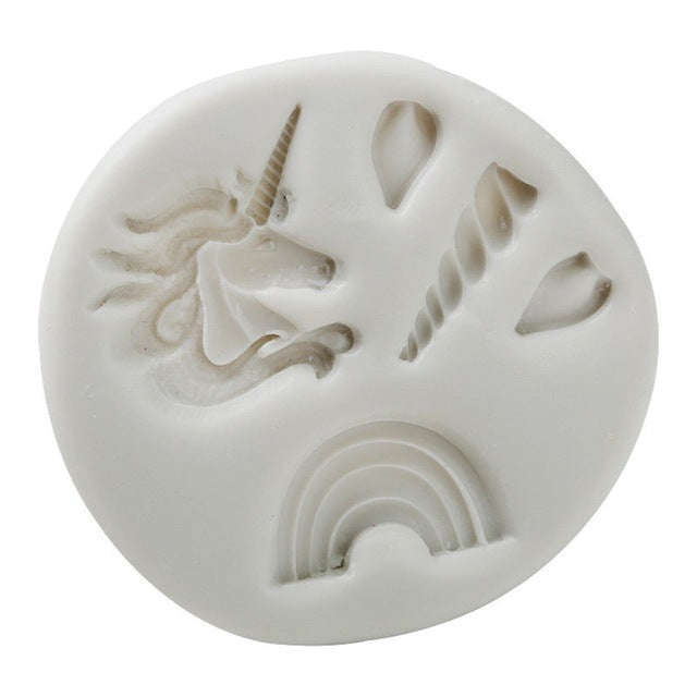 Unicorn multi mould, unicorn 3.4x2.7cm, horn 2.3x0.5cm, ears 1x0.6cm, rainbow 2.5x1.5cm