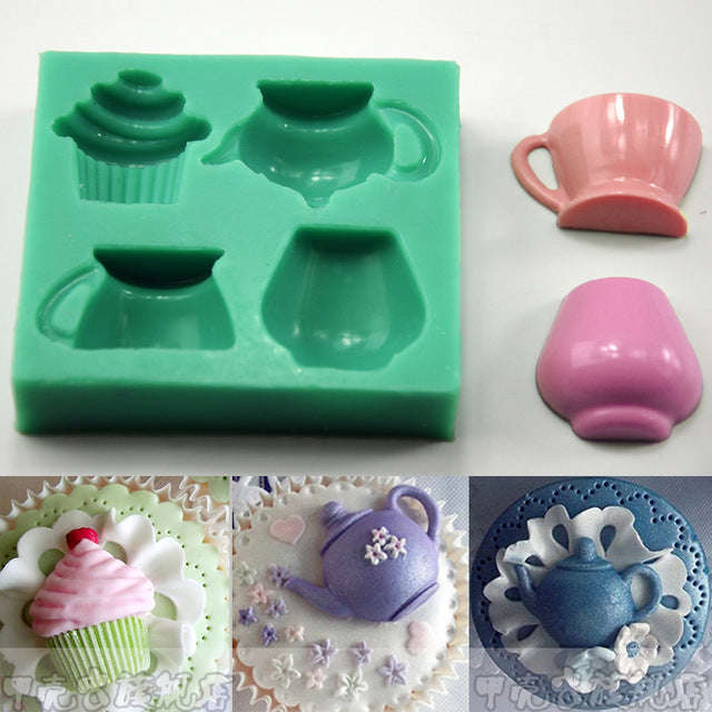 Cupcake and teapot silicone mould, cupcake 2.5x2.5cm, teapot 4x2.5cm