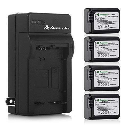 Powerextra Battery (4-Pack) and Charger for Sony NP-FW50 and Sony Alpha a6500, Alpha a6300, Alpha a6