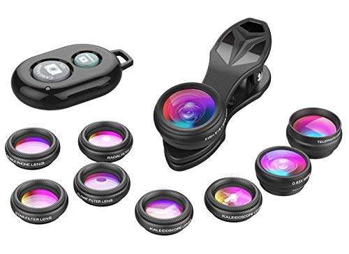 Apexel Phone Camera Lens-Macro Lens+Wide Lens+Fisheye Lens+Telephoto Lens+CPL/Flow/Radial/Star Filte