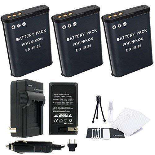 3-Pack EN-EL23 High-Capacity Replacement Batteries with Rapid Travel Charger for Select Nikon Digita