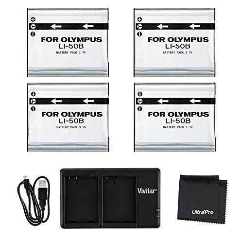UltraPro 4-Pack LI-50B High-Capacity Replacement Batteries w/Rapid Dual Charger for Select Olympus C