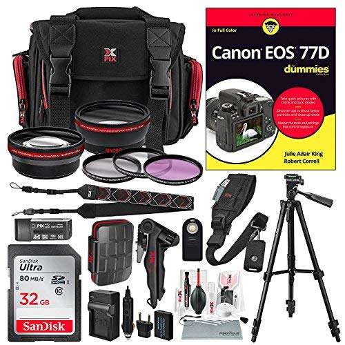 Canon EOS 77D for Dummies + Deluxe Accessory Bundle with Xpix Tripods, Lenses, Filters, 32GB, Premiu