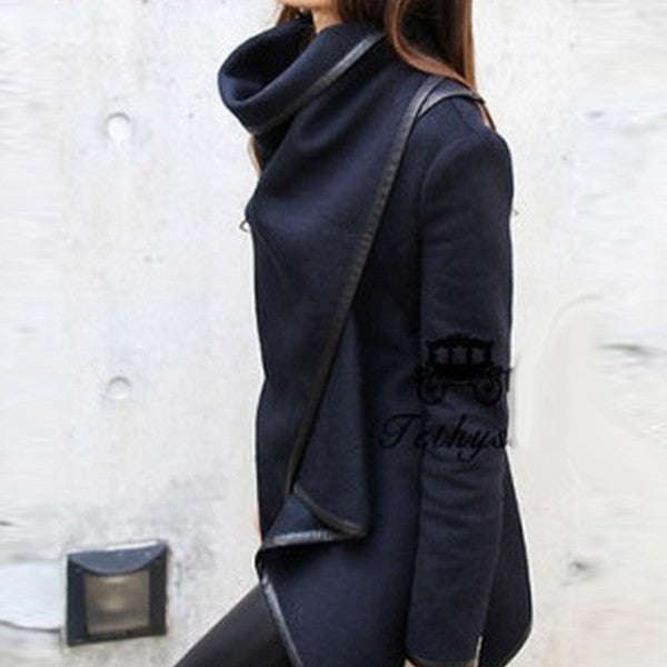 Women's New Navy V-Neck Solid Woolen Coat jacket - M / Navy