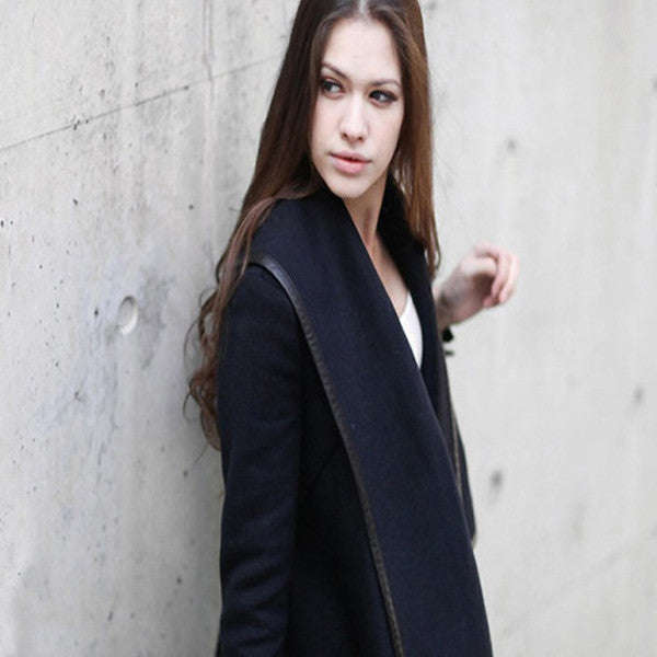 Women's New Navy V-Neck Solid Woolen Coat jacket - M / Navy