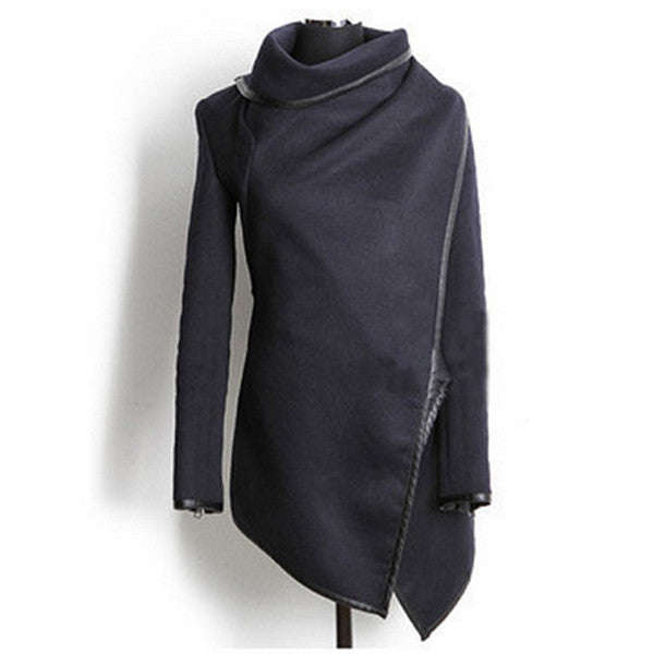 Women's New Navy V-Neck Solid Woolen Coat jacket - M / Navy