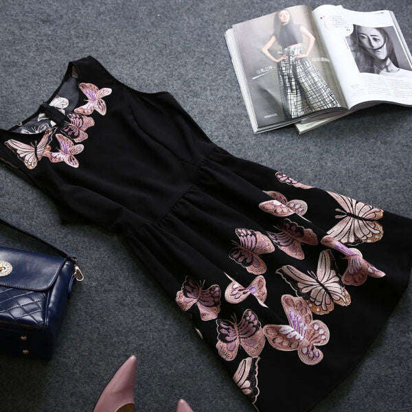 Women's Cute Black Square Collar Print Above Knee Sleeveless Ball Gown Dress - M / As Shown