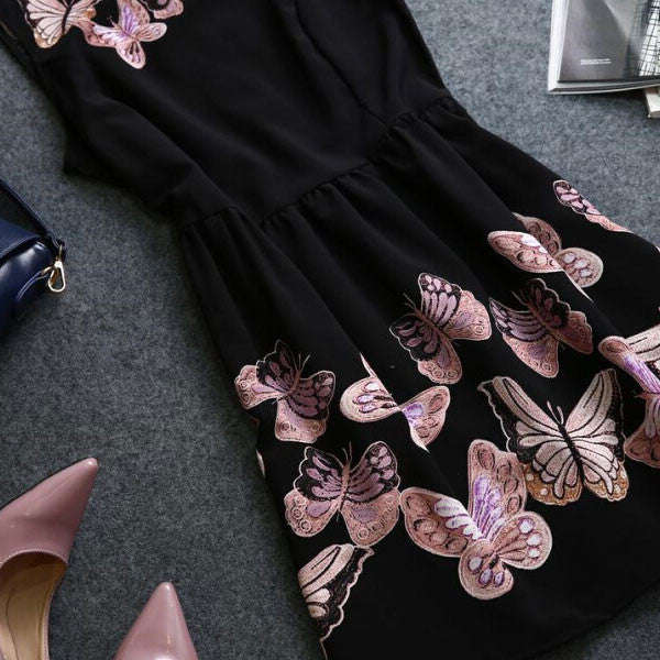 Women's Cute Black Square Collar Print Above Knee Sleeveless Ball Gown Dress - M / As Shown