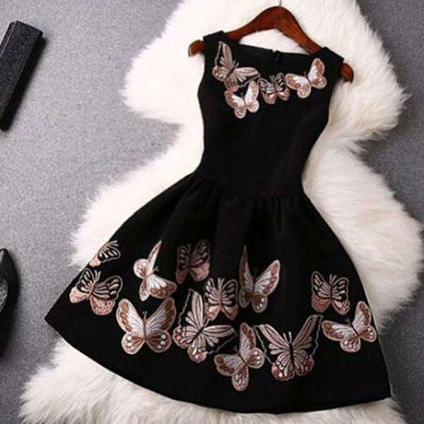 Women's Cute Black Square Collar Print Above Knee Sleeveless Ball Gown Dress - M / As Shown