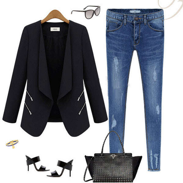 Women's New Black Notched Solid blazer - M / Black