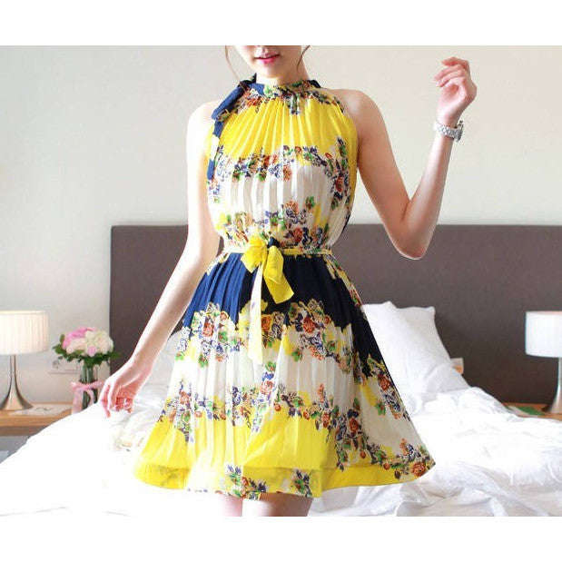Women's New Yellow Turtleneck Print Chiffon Knee-Length Sleeveless Dress - S / As shown