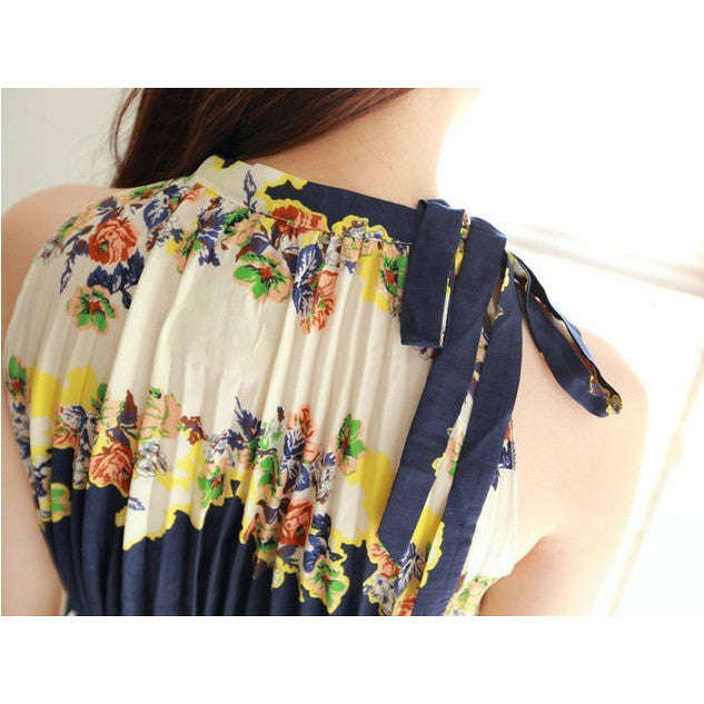 Women's New Yellow Turtleneck Print Chiffon Knee-Length Sleeveless Dress - S / As shown