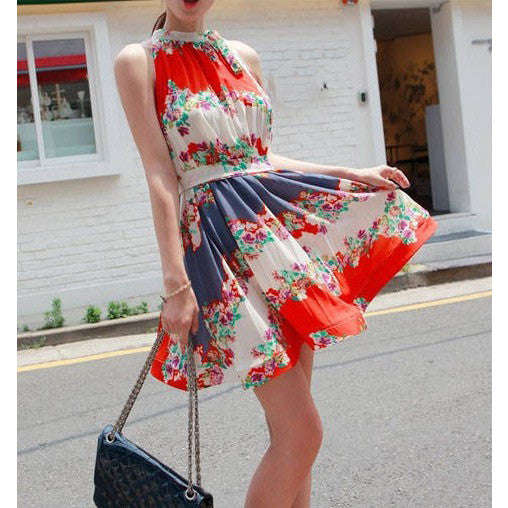 Women's New Yellow Turtleneck Print Chiffon Knee-Length Sleeveless Dress - S / As shown