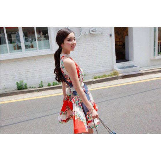 Women's New Yellow Turtleneck Print Chiffon Knee-Length Sleeveless Dress - S / As shown