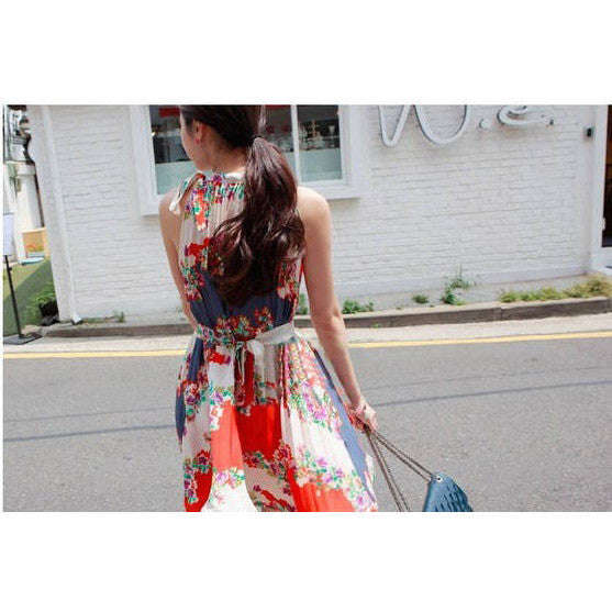 Women's New Yellow Turtleneck Print Chiffon Knee-Length Sleeveless Dress - S / As shown