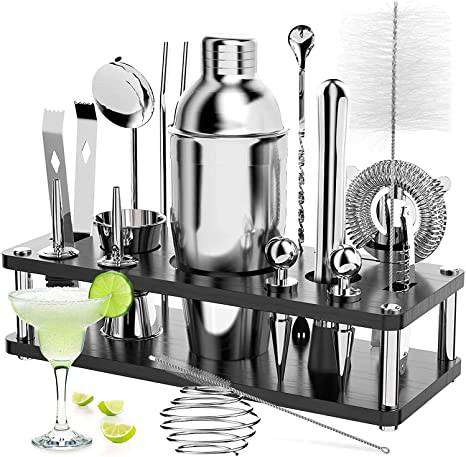 18Pcs Cocktail Shaker Accessories Set Barware Bar Mixing Making with Wood Holder