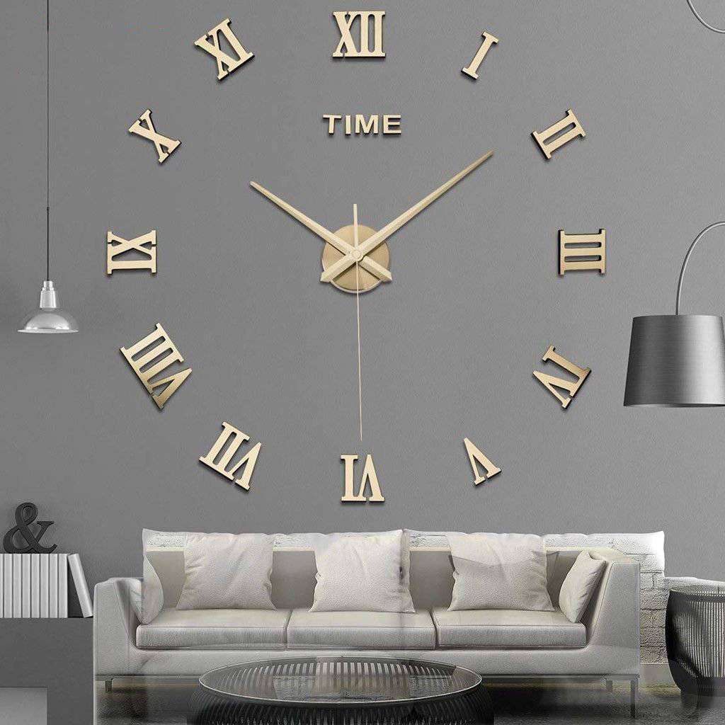 3D DIY Mirror Golden Surface Wall Clock Roman Numerals