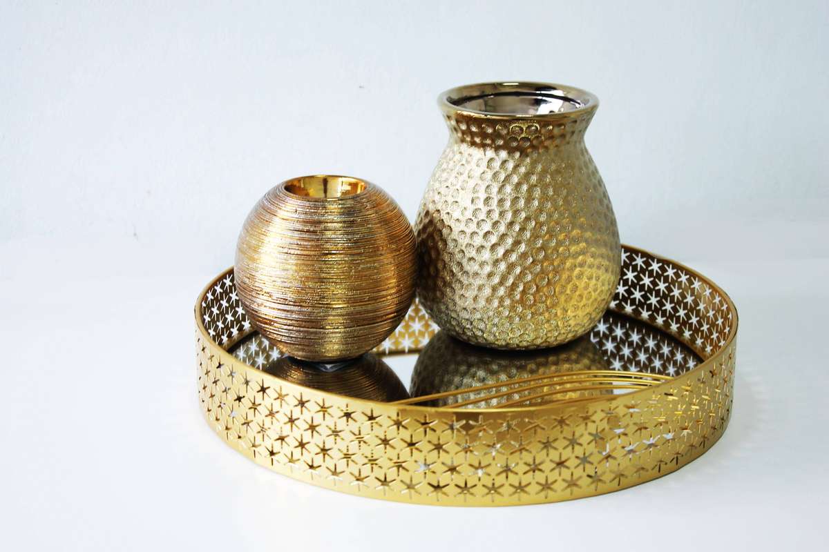 Round Golden Metal Mirror Tray Medium Size