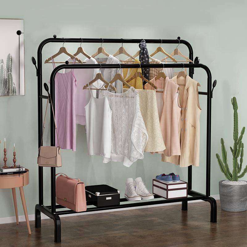 Stainless Steel Double Pole Clothes Hangers with Single Shelf - White