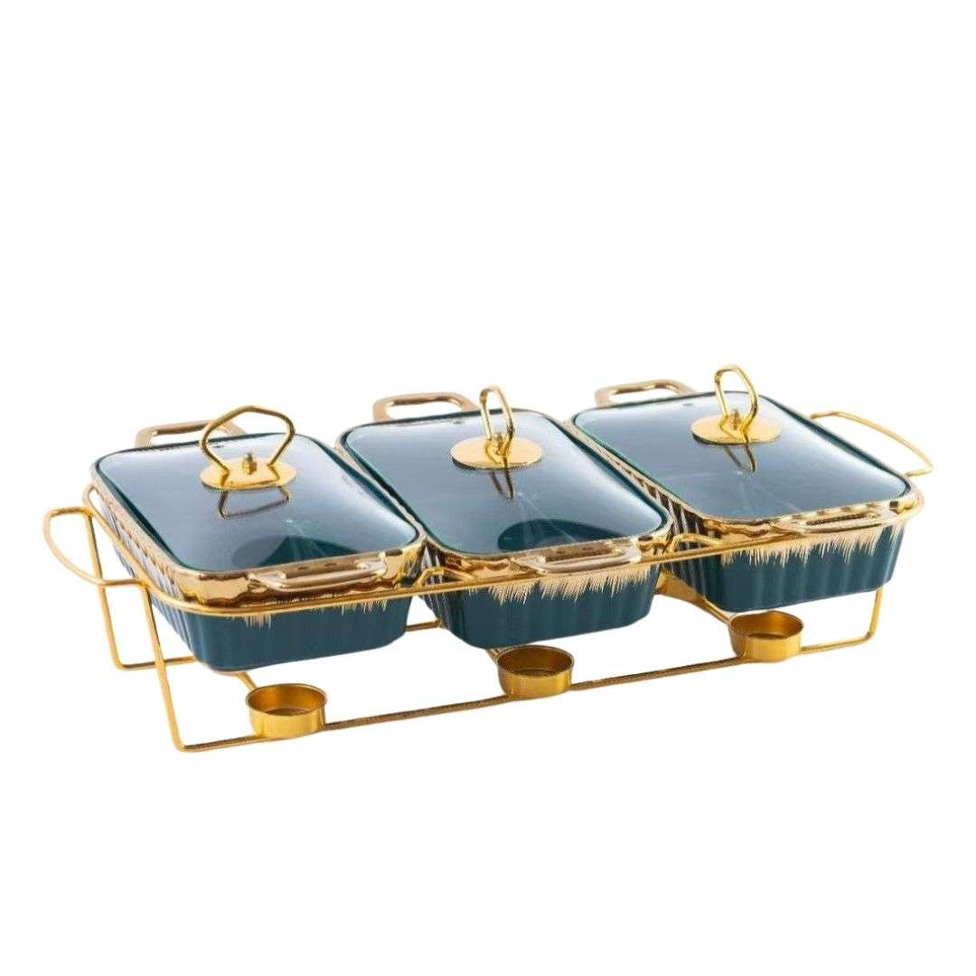 Food Warmer - 3 Division - Green with Gold Frame