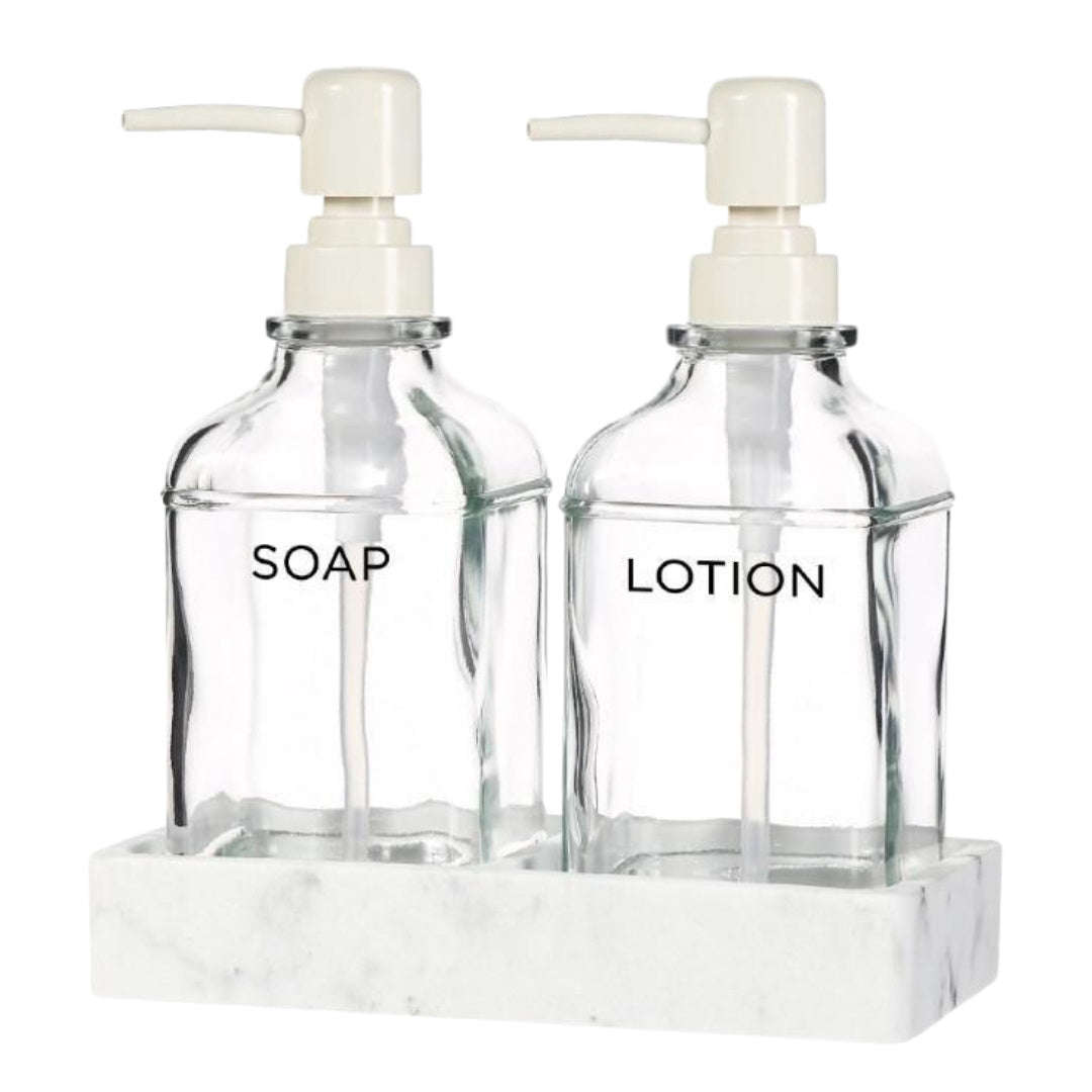 Liquid Dispenser Set With Marble Tray - 3 Pcs