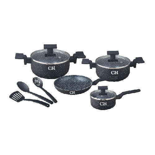 Pot Set - 10 Pcs Marble Finish Non-Stick Cookware - Black