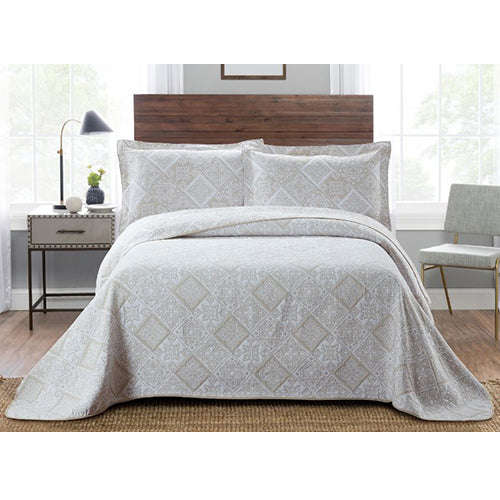 Bedding Set - 3pc Linen Set Queen - Biege White Blocks(5117))