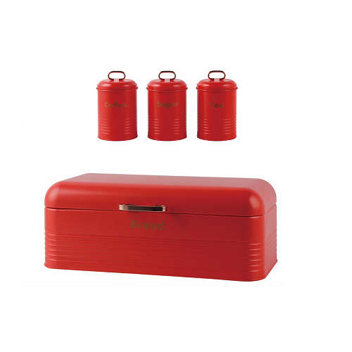 Bread Bin & Canister Set - 4pc Tin - Red