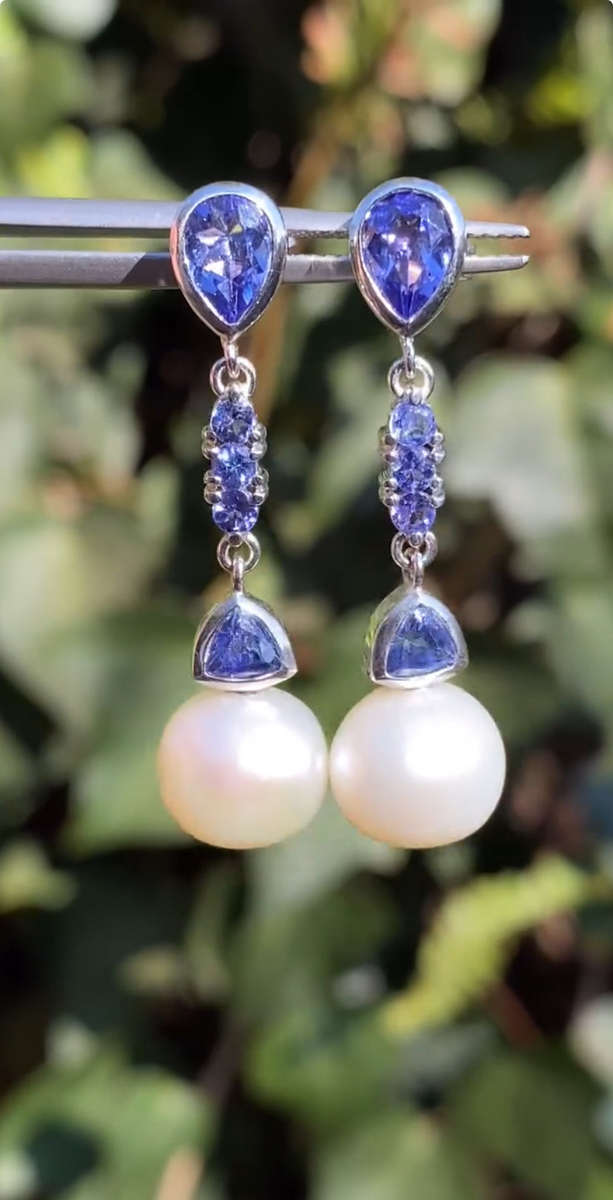 14K gold pearl and tanzanite earrings.