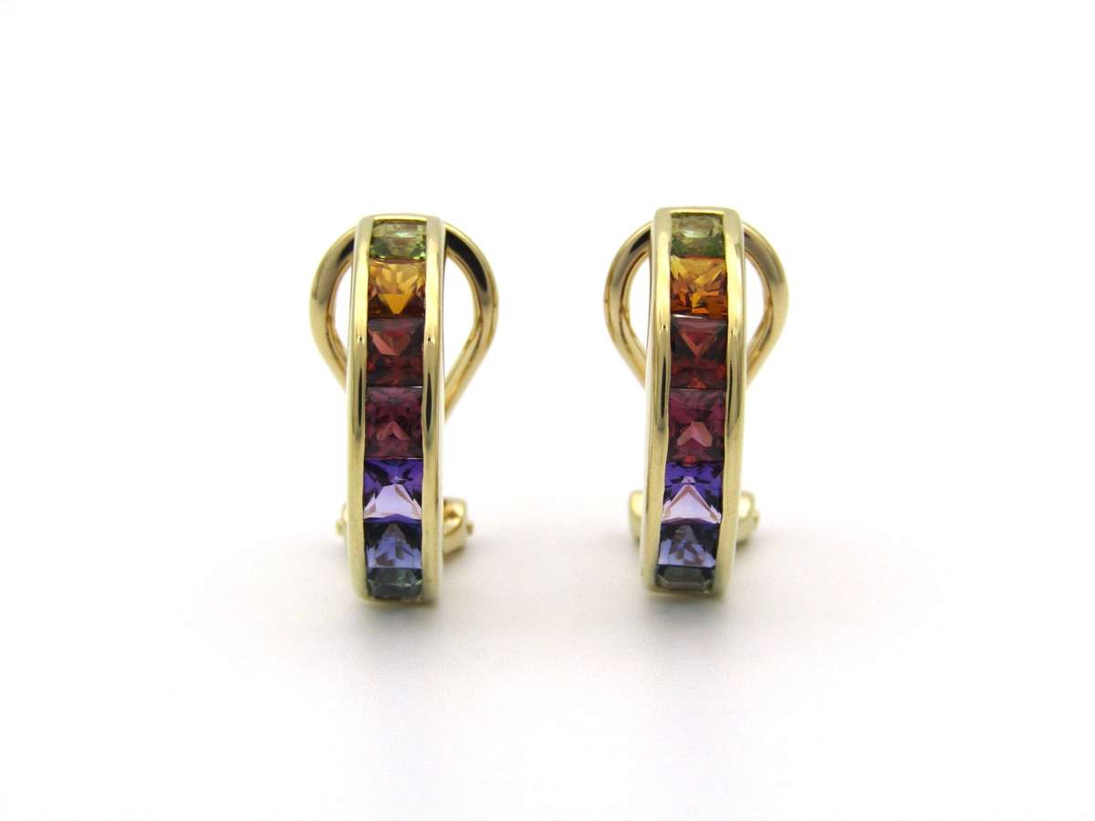 14K gold semi-precious stones huggie earrings.