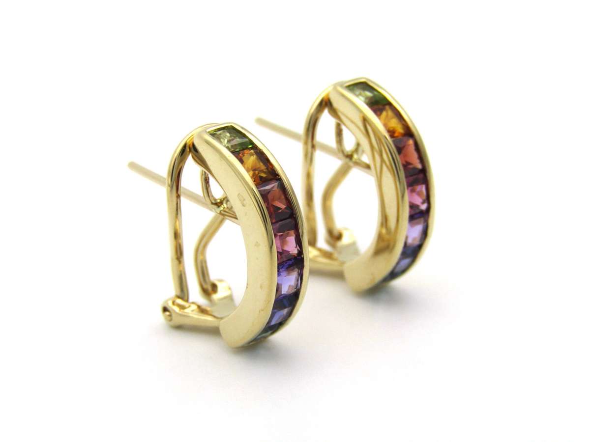 14K gold semi-precious stones huggie earrings.