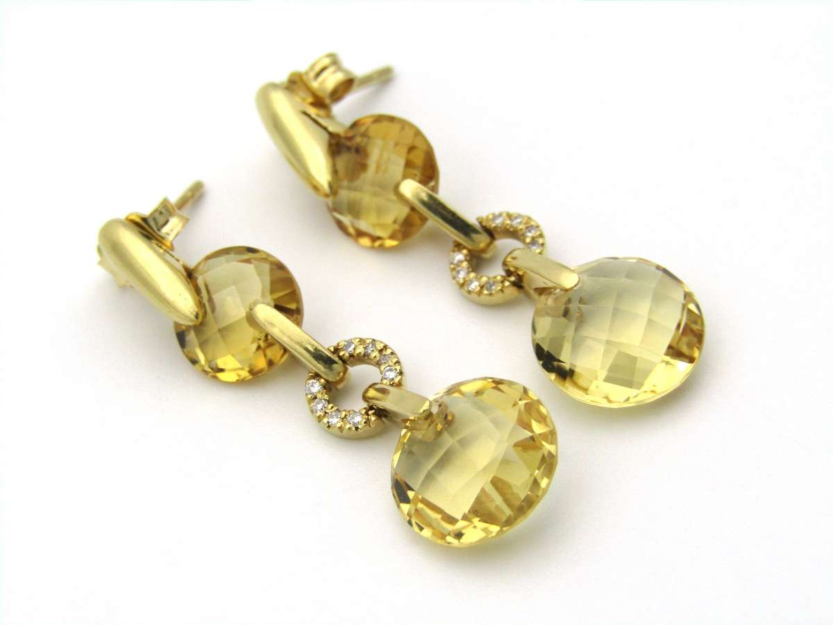 18K gold citrine and diamond earrings by Kiara.