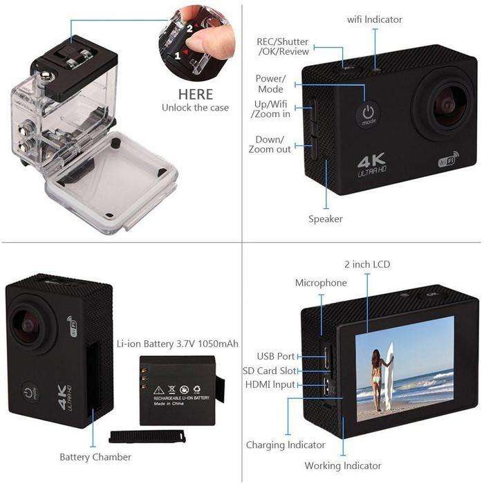 Ultra HD 4K Sports Camera With Remote Control - Black