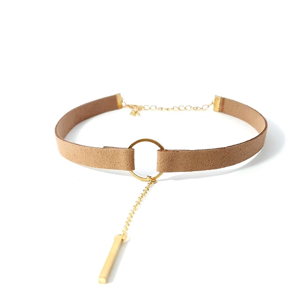 Circle Caramel Suede Choker with Bar Finish - Gold