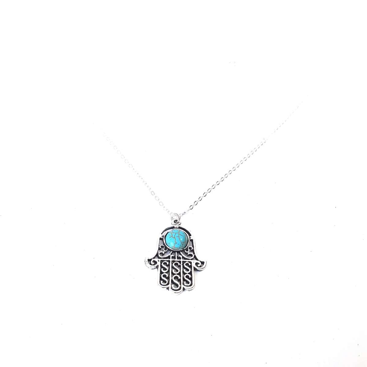 Turquoise Detailed Hamsa Hand Charm Chain Necklace