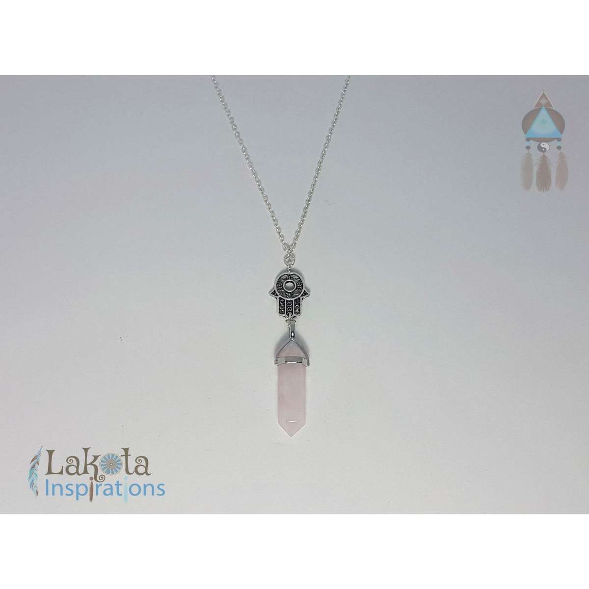 Rose Quartz Crystal Designer Charm Necklace (Assorted) - Clear Crystal Hamsa / Sterling Silver Chain