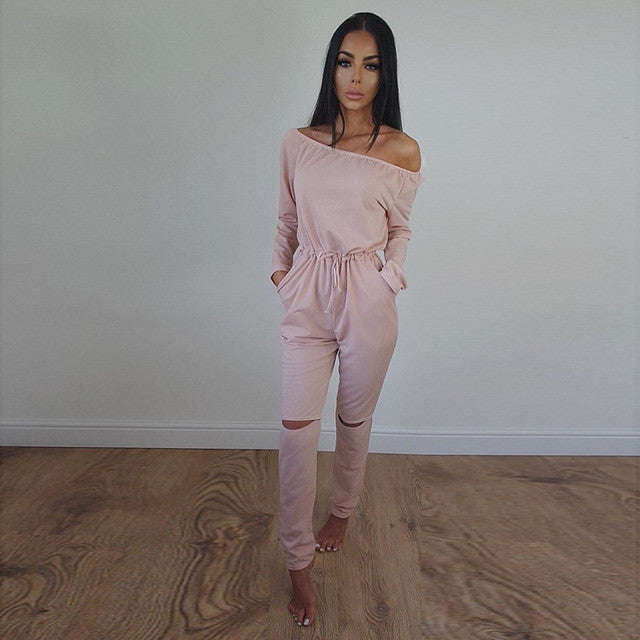 Off Shoulder Long Sleeve Jumpsuit - Pink / L