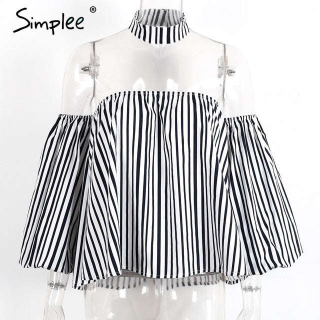 Simplee Casual off shoulder striped blouse shirt Sexy halter lantern sleeve blouse ... - Striped / L