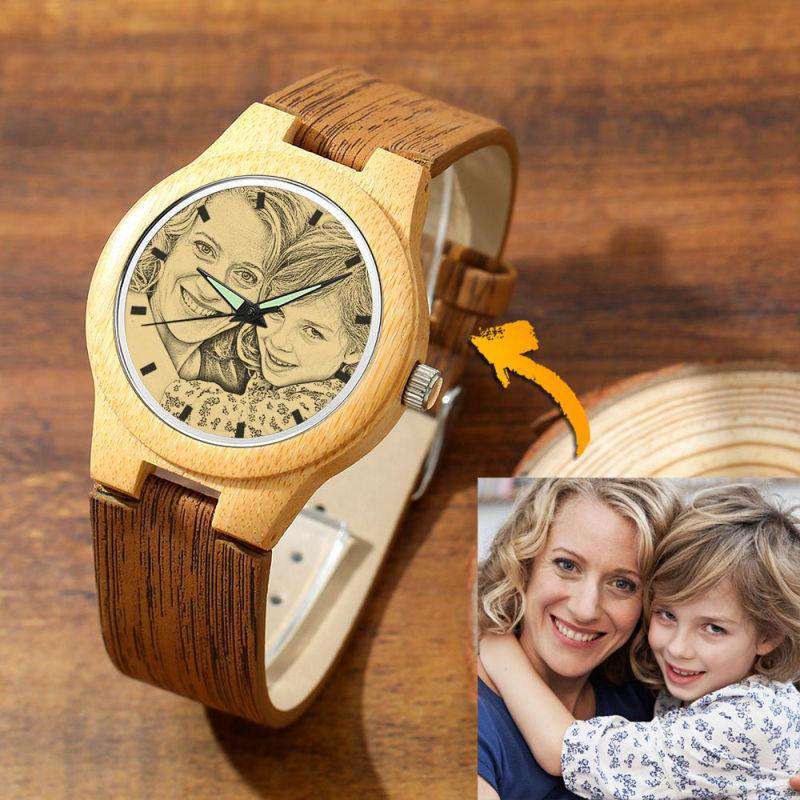 Women's Engraved Bamboo Photo Watch Wooden Leather Strap 40mm